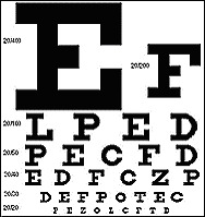 Snellen chart for visual acuity testing, rows of letters decreasing in size from top to bottom